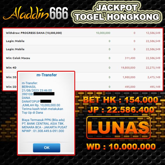 Jackpot Togel Hongkong#1 21-Aug-2023 Member Aladdin666